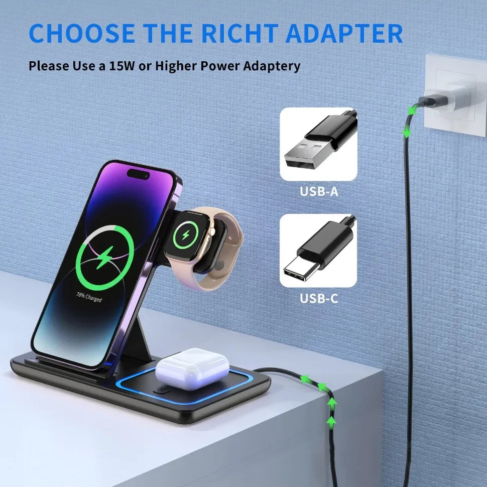 3-in-1 Wireless Charging Station — Phone, Watch & Earbuds